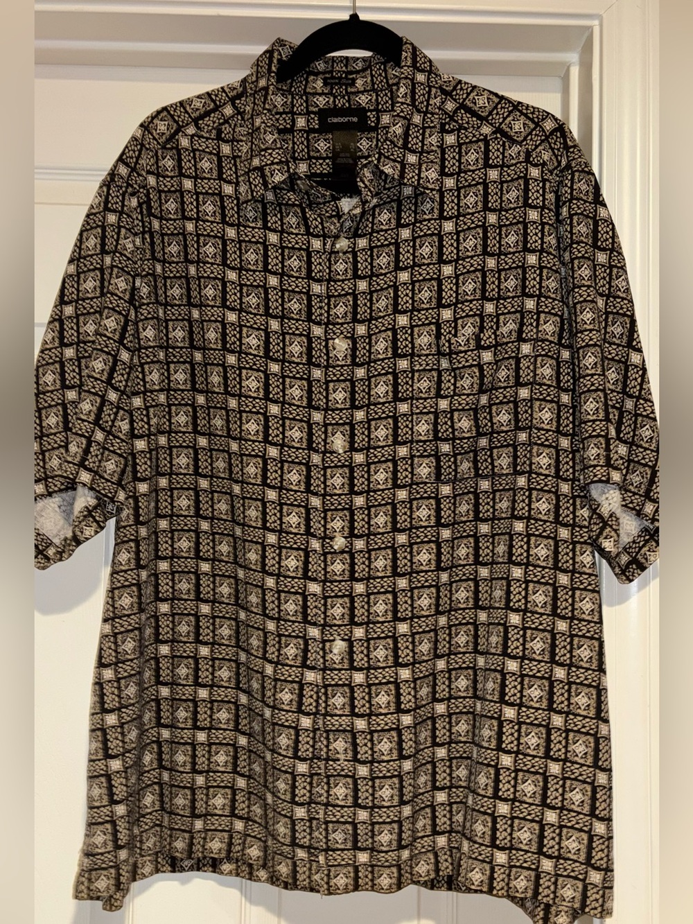 Claiborne Black & White Patterned Short-Sleeve Shirt Silk XL